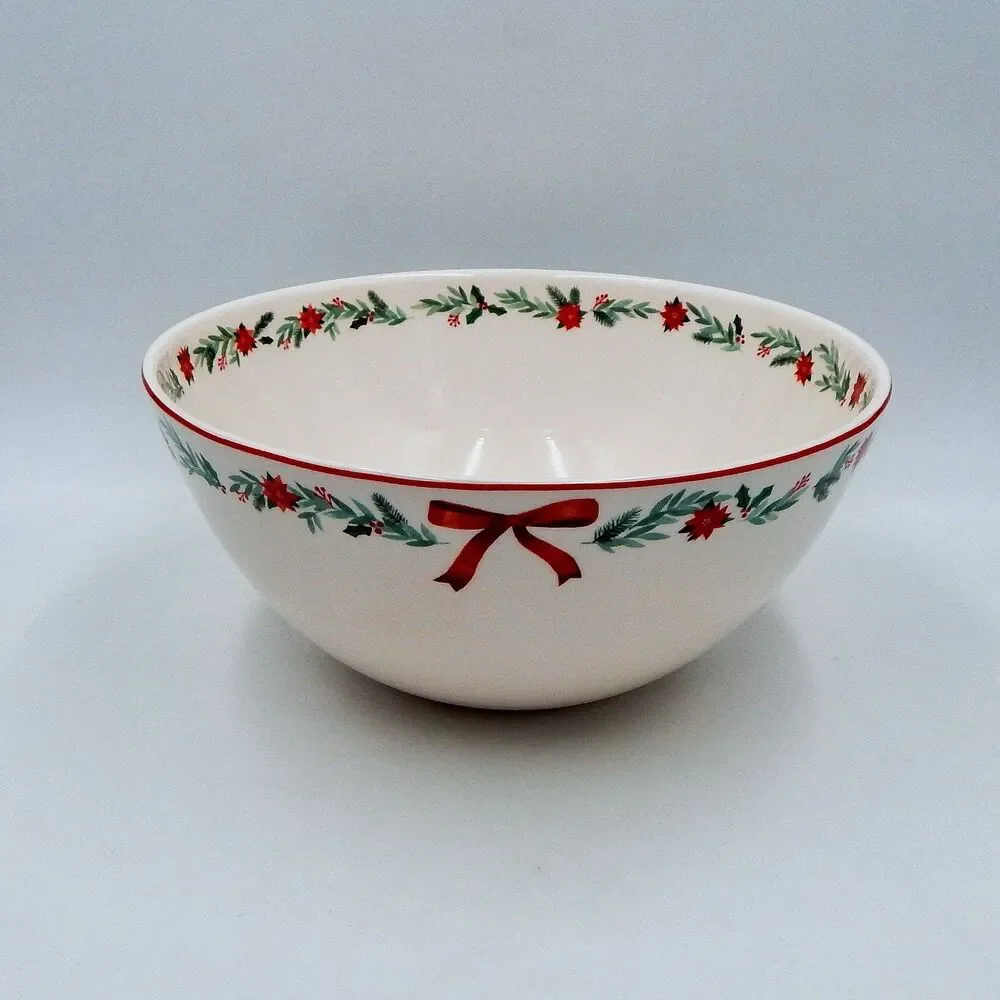 Sur La Table Nutcracker Pine Poinsetta Bow Serving Bowl 10-1/2 Inch